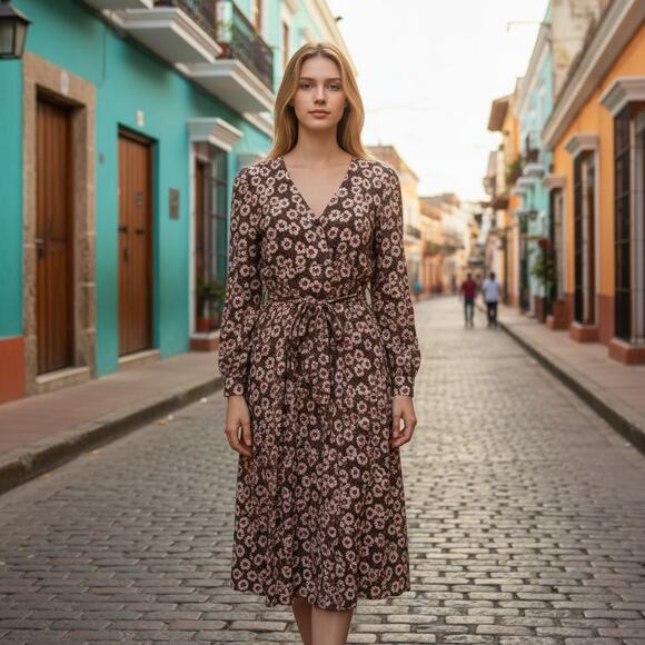 Isabella Oliver Floral Dress – Brown Long Sleeve Midi Tie Waist Maternity - Picture 1 of 10